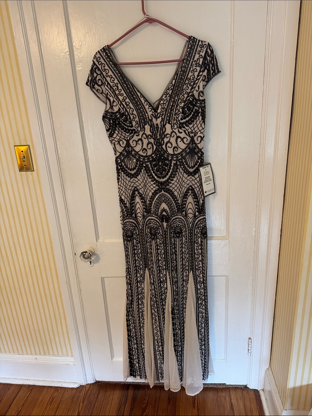 R&M Richards Black Lace-Pattern Maxi Gown on Nude Base